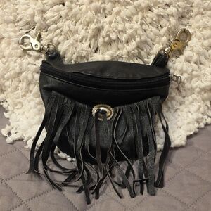 Bikers Club Black Leather Waist/Crossbody Bag with Fringe and Concho Detail